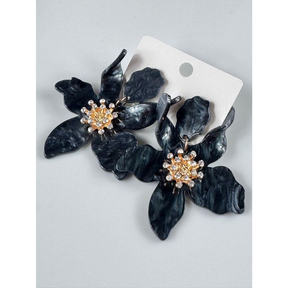 Zara Marbled Black Floral Drop Earrings with Gold Crystal Center